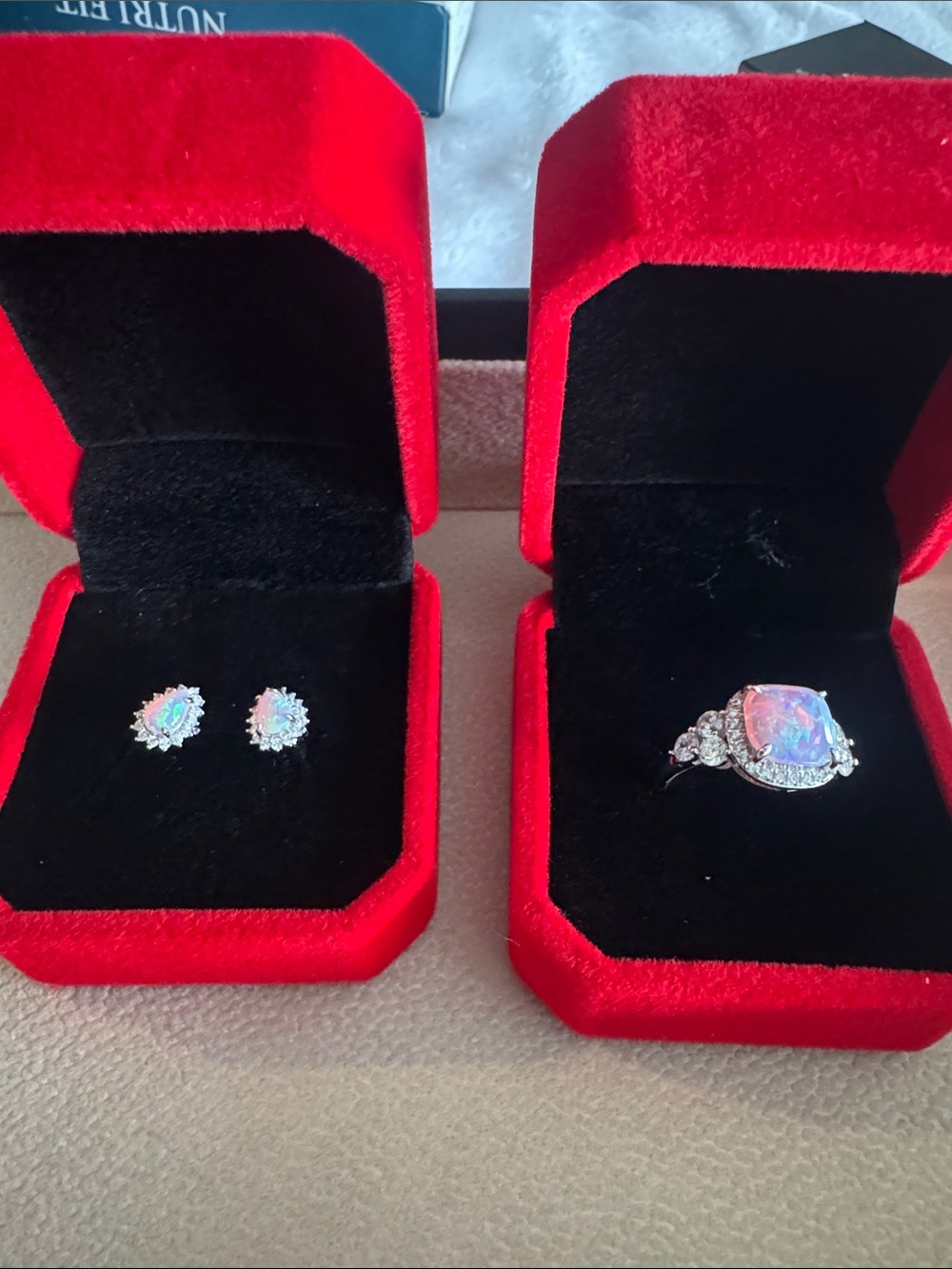 Opal Halo Ring and Stud Earrings Set - Pink Opal Accents